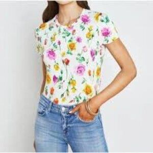 L'Agence Sz S/P White Floral Colorful Rose Crew Neck Short Sleeve Ressi Mix Tee